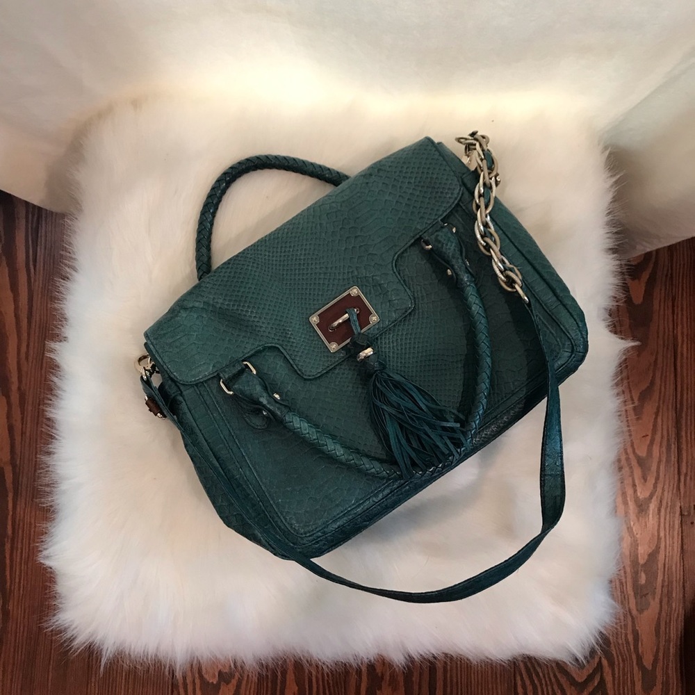 Teal green Elliot Lucca envelope bag /wood accent